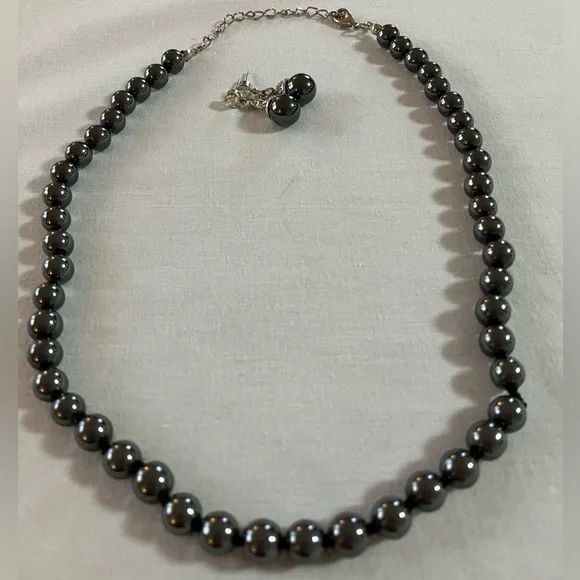 Hematite Round Beaded Necklace with Matching Drop Beaded Earrings Set - Picture 7 of 17